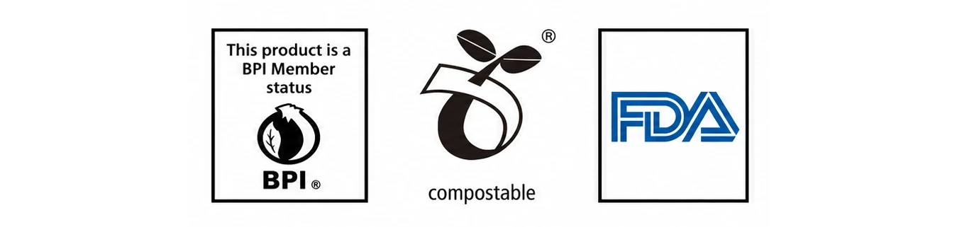Membresía BPI, símbolo compostable y referencia FDA mostrados