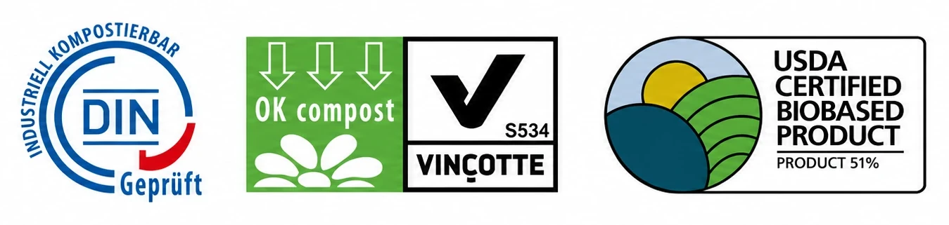 Sellos DIN Geprüft, OK compost Vinçotte y USDA Certified Biobased Product 51%