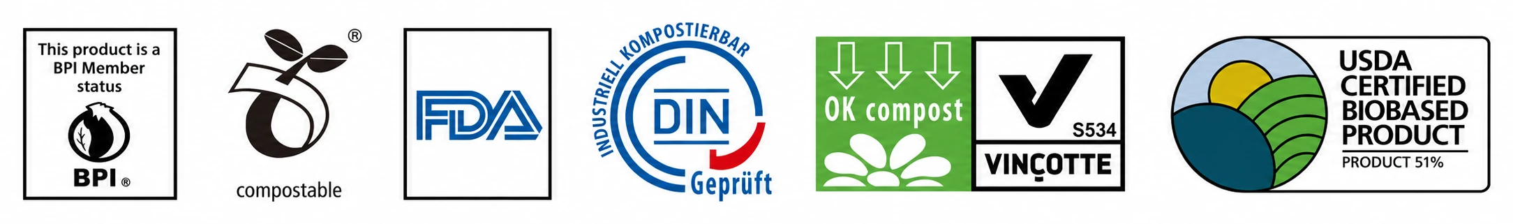 Membresía BPI y sellos mostrados: compostable, FDA, DIN Geprüft, OK compost Vinçotte y USDA Certified Biobased Product 51%