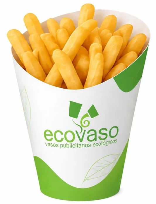 Vaso cónico de cartón con papas fritas y el logo Ecovaso