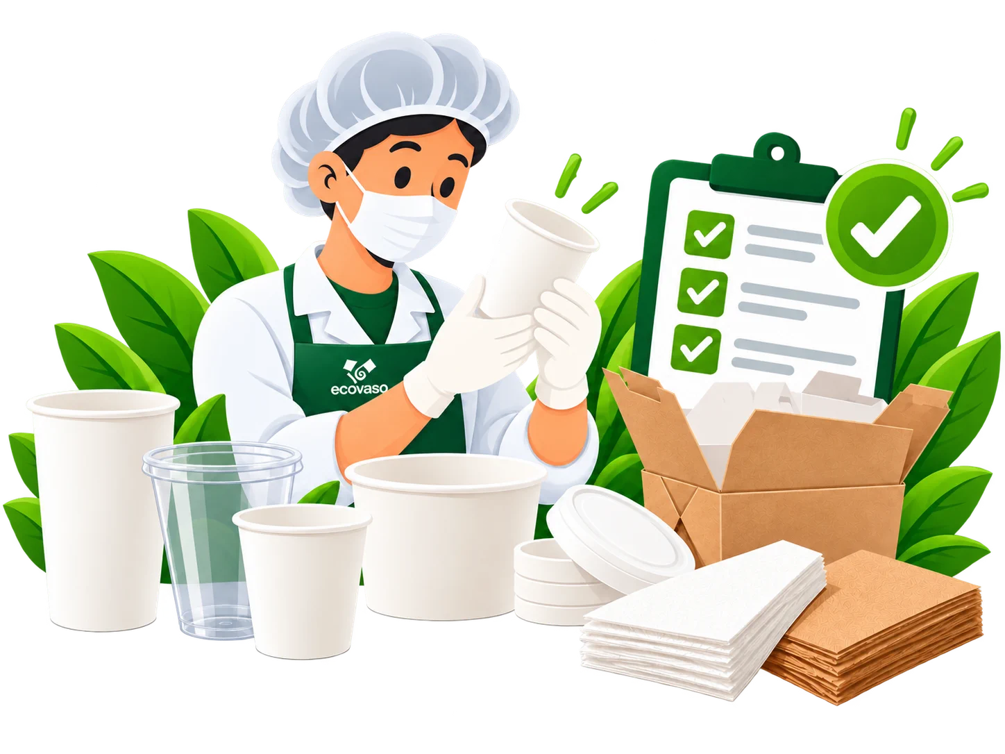 Persona revisando un vaso junto a una lista de control y varios envases
