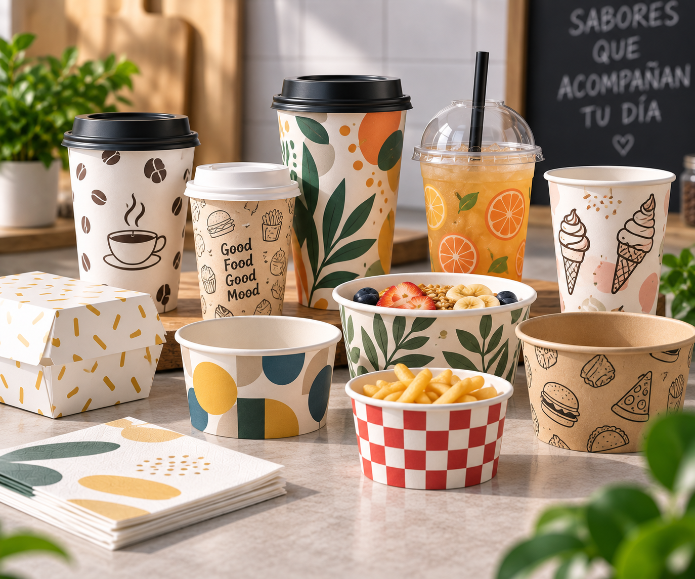 Vasos, tarrinas y empaques con distintos diseños genéricos