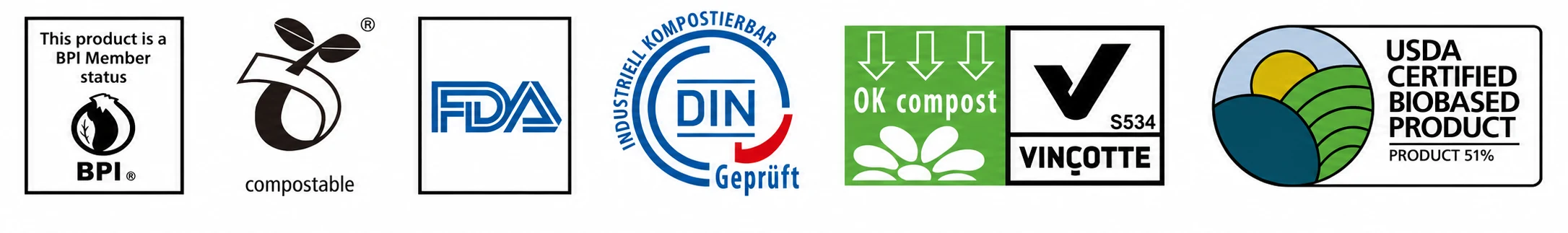 Membresía BPI y sellos mostrados: compostable, FDA, DIN Geprüft, OK compost Vinçotte y USDA Certified Biobased Product 51%