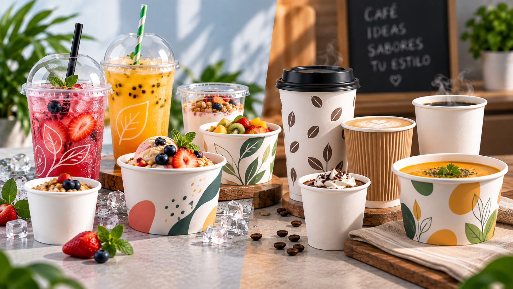Vasos y tarrinas con alimentos y bebidas frías y calientes