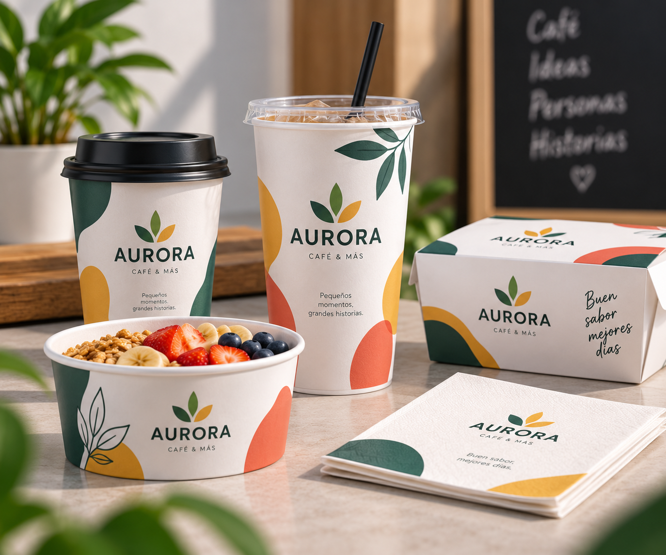 Vasos, tarrina, caja y servilletas con una identidad visual personalizada