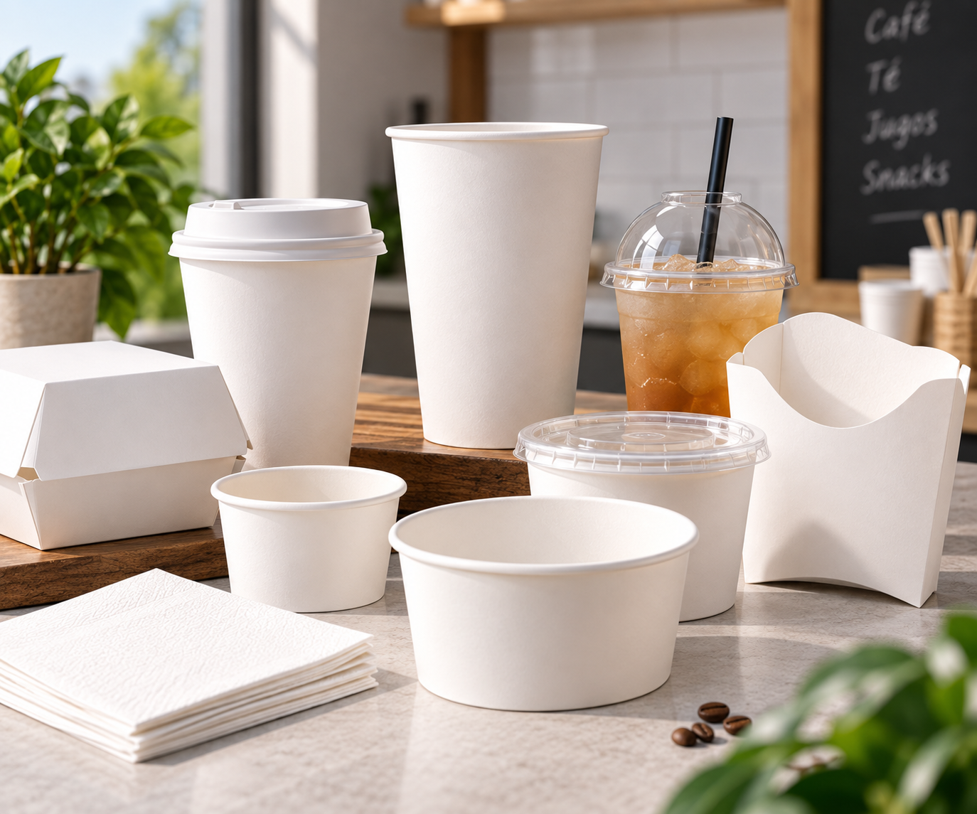 Vasos, tarrinas, cajas y servilletas blancas sin impresión