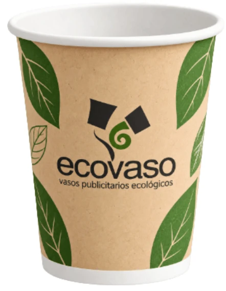 Vaso de cartón con presentación kraft EcoVaso, hojas verdes y logo